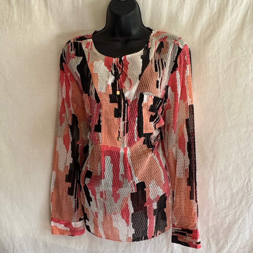 E-90 Dana Buchman Pink Black & White Long Sleeve Blouse Size XL